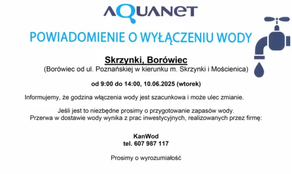 Komunikat o wyłączeniu wody