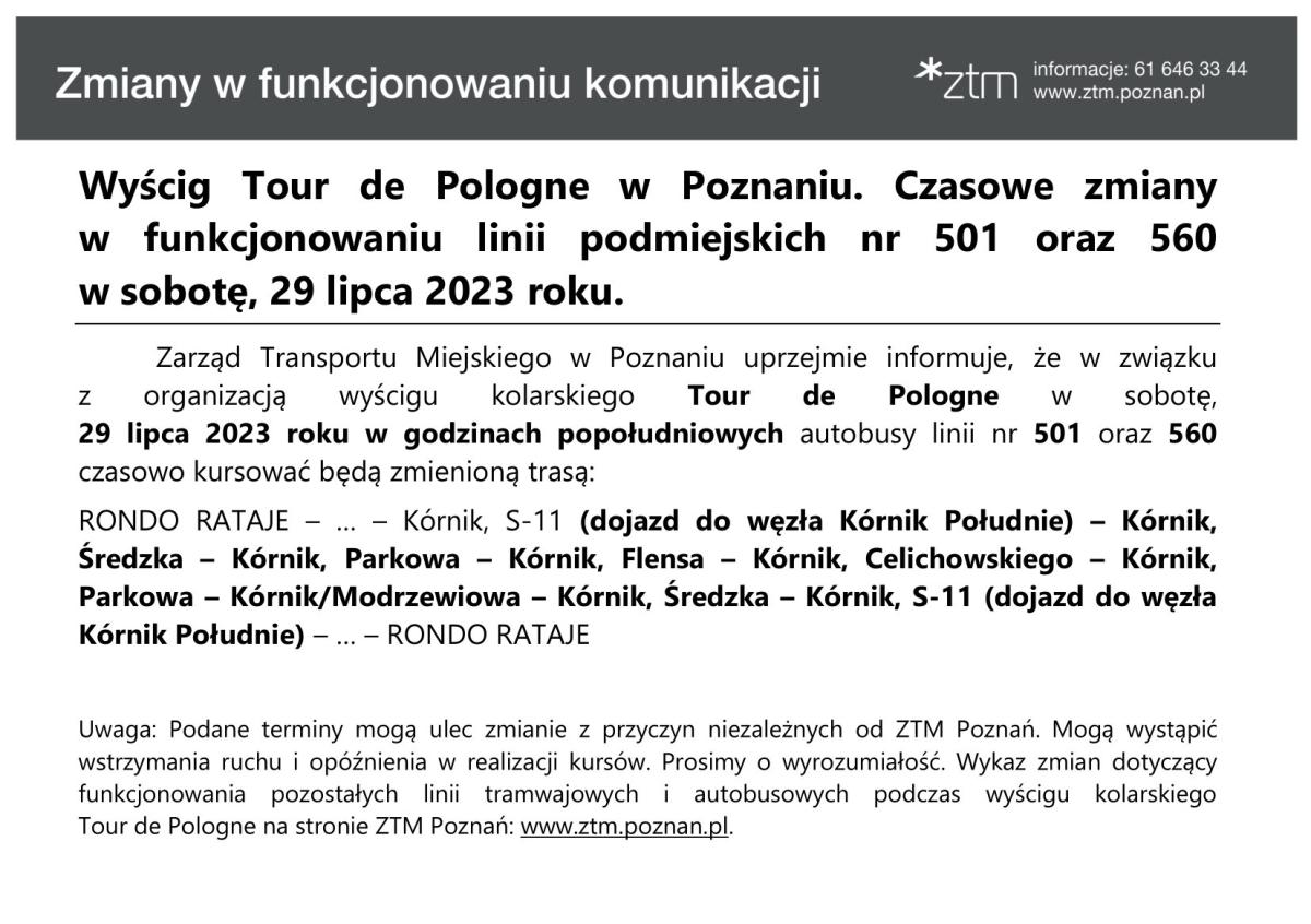 Informacja o czasowej zmianie funkcjonowania linii autobusowej nr 501 i 560 w dniu 29.07.2023 r.