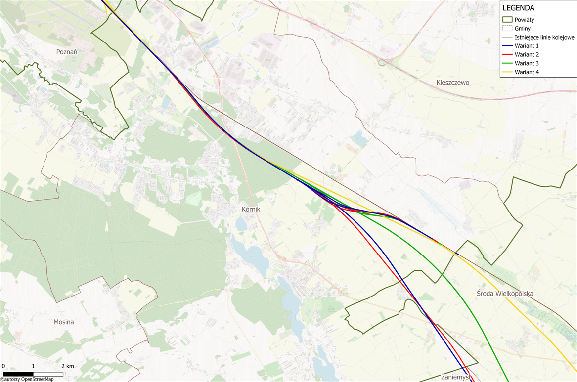 Mapa 4 warianty przebiegu linii kolejowej