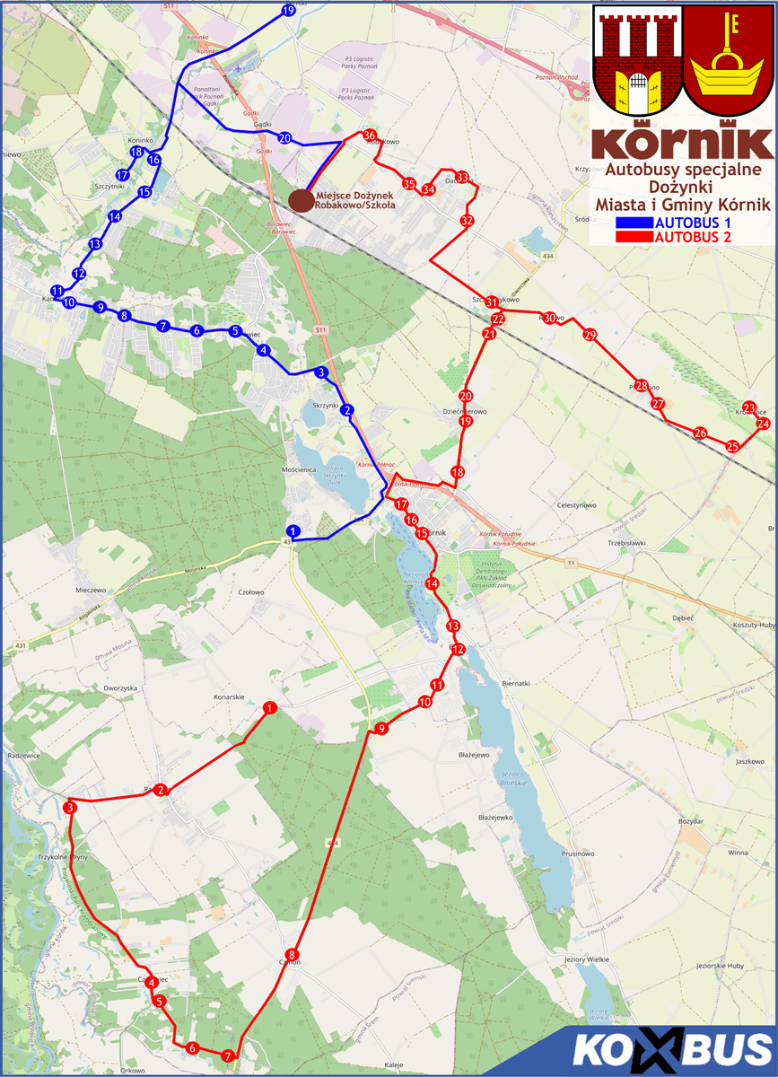 Mapa z trasą przejazdu autobusów na Dożynki Miasta i Gminy Kórnik 2023