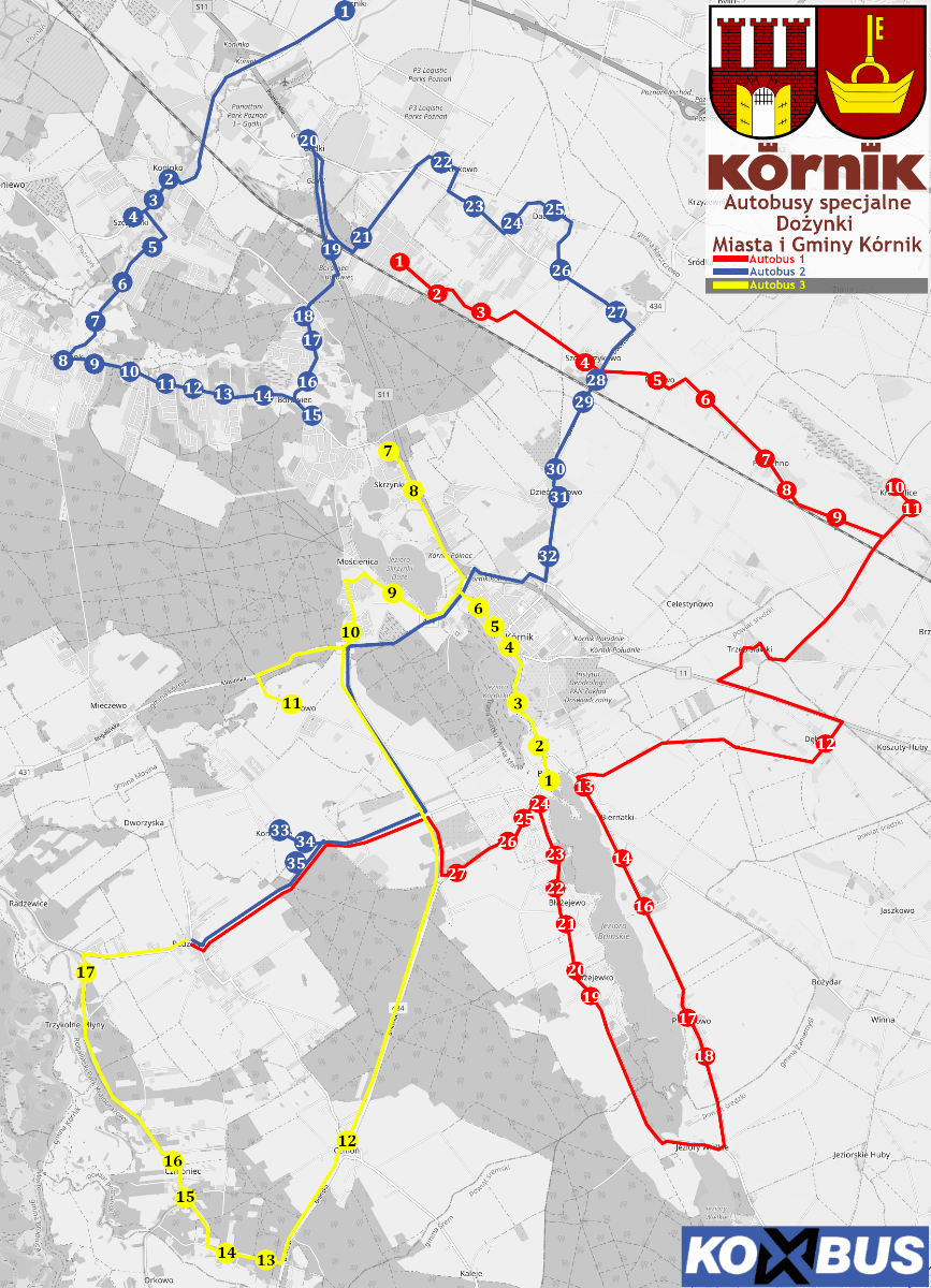 Mapa kursów linii Kombus na Dożynki