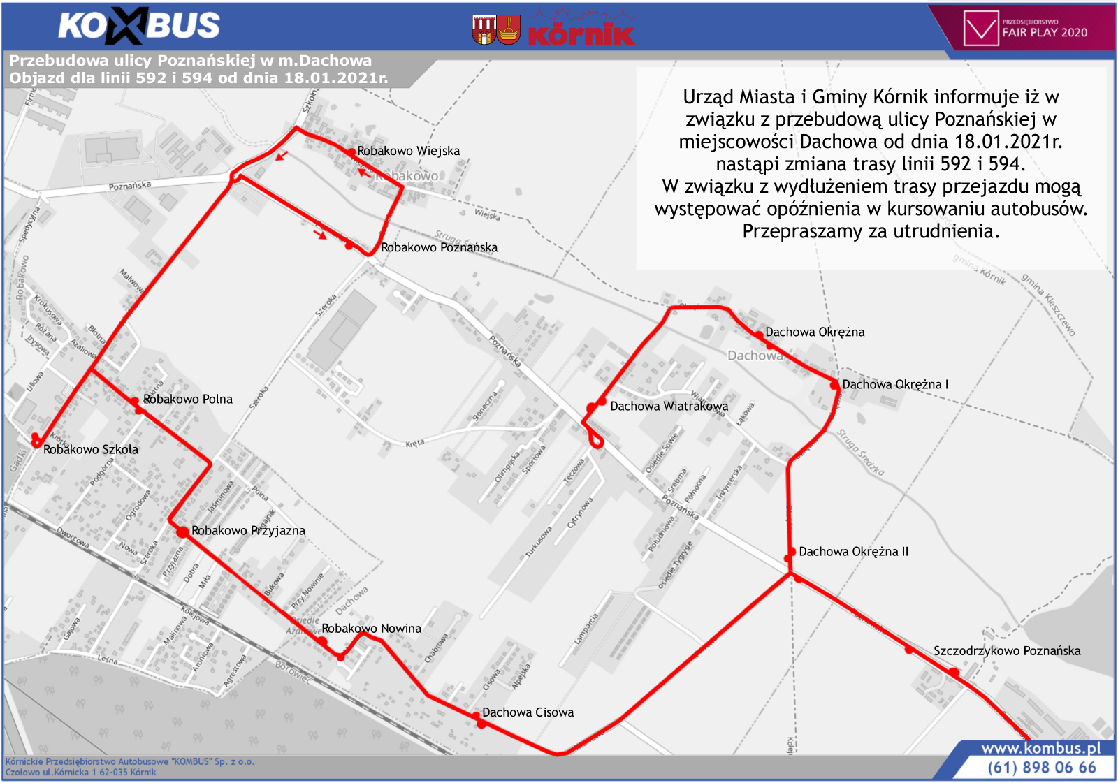 Mapa objazdu autobus linii 592 i 594