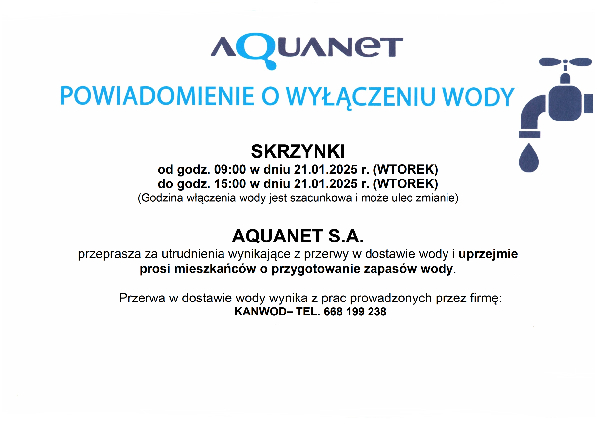 Komunikat o wyłączeniu wody