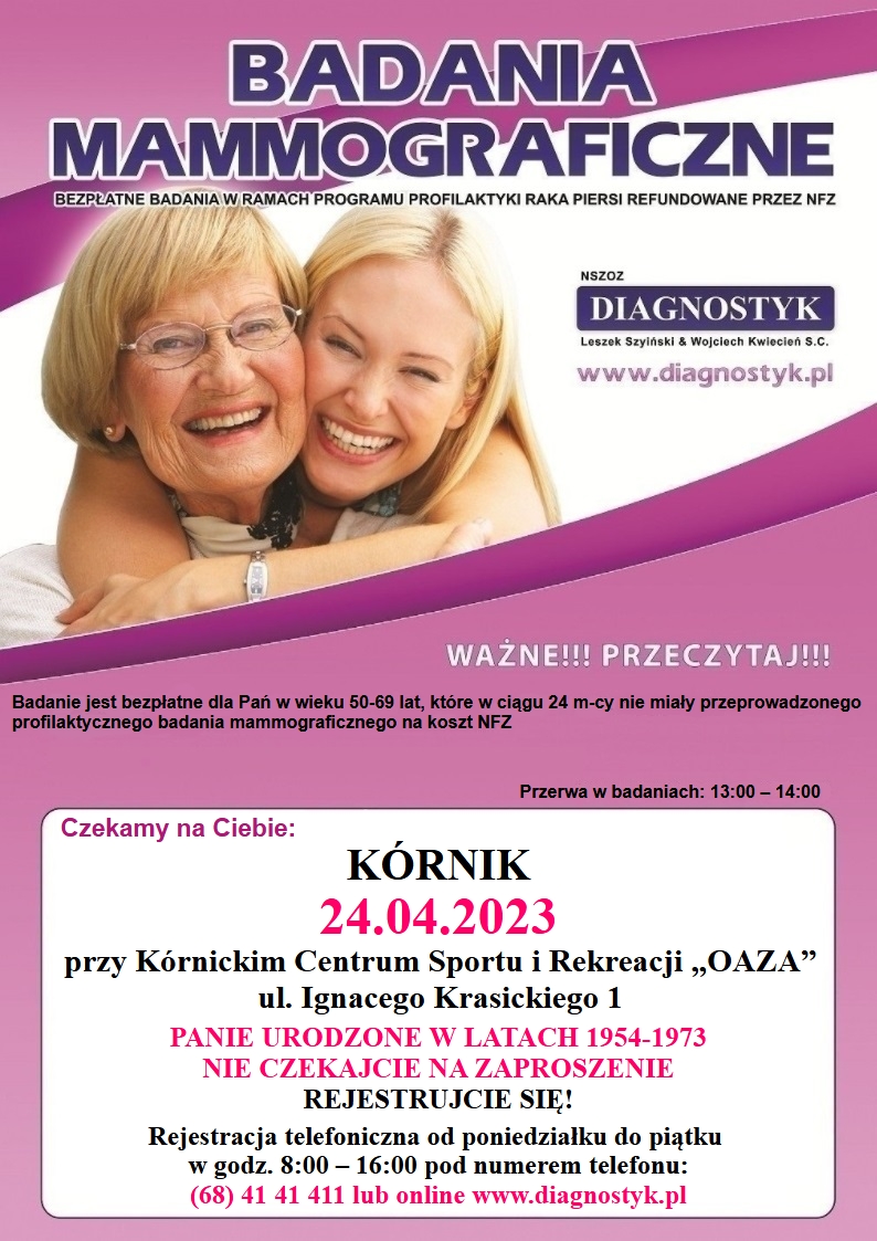 Plakat informacyjny o bezpłatnych badaniach mammograficznych
