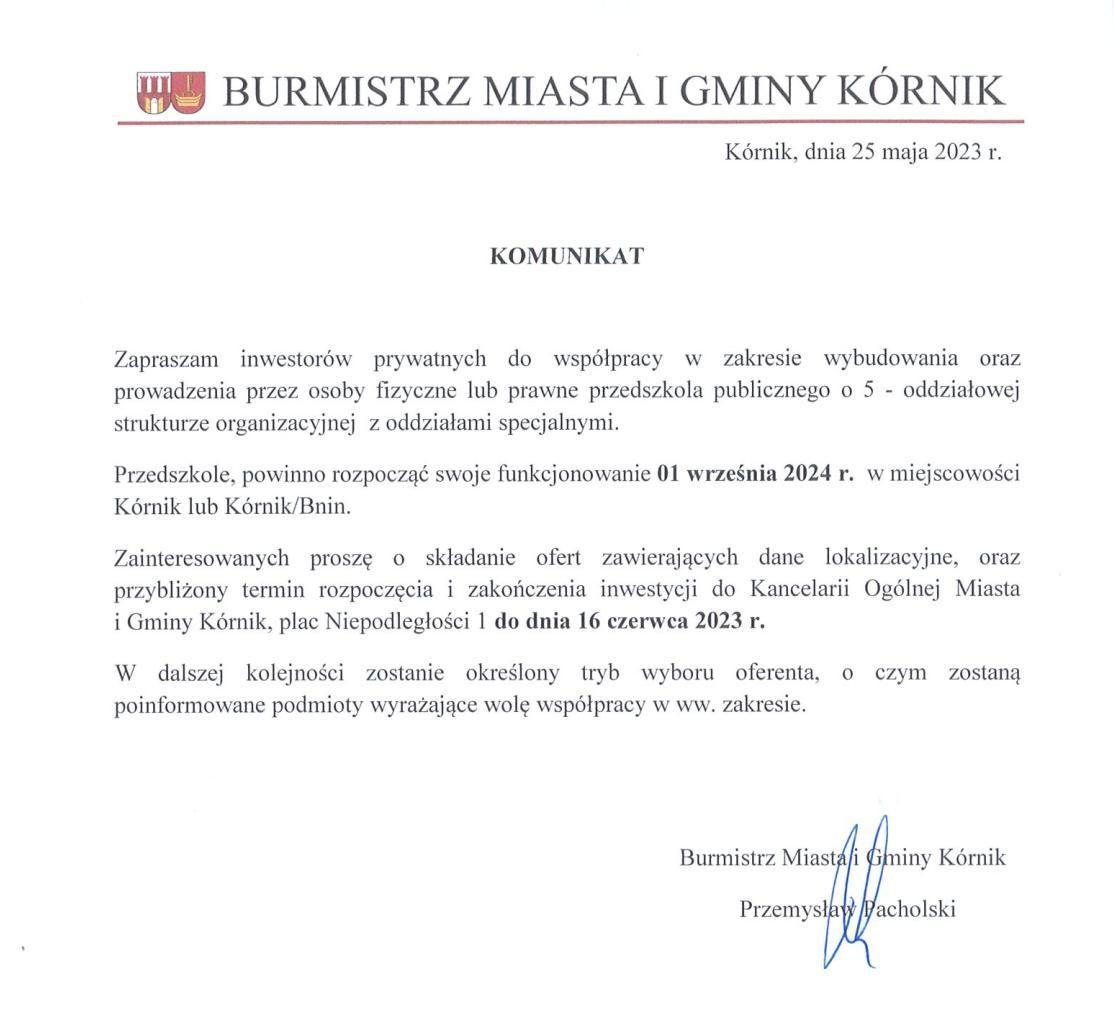 Komunikat Burmistrza Miasta i Gminy Kórnik