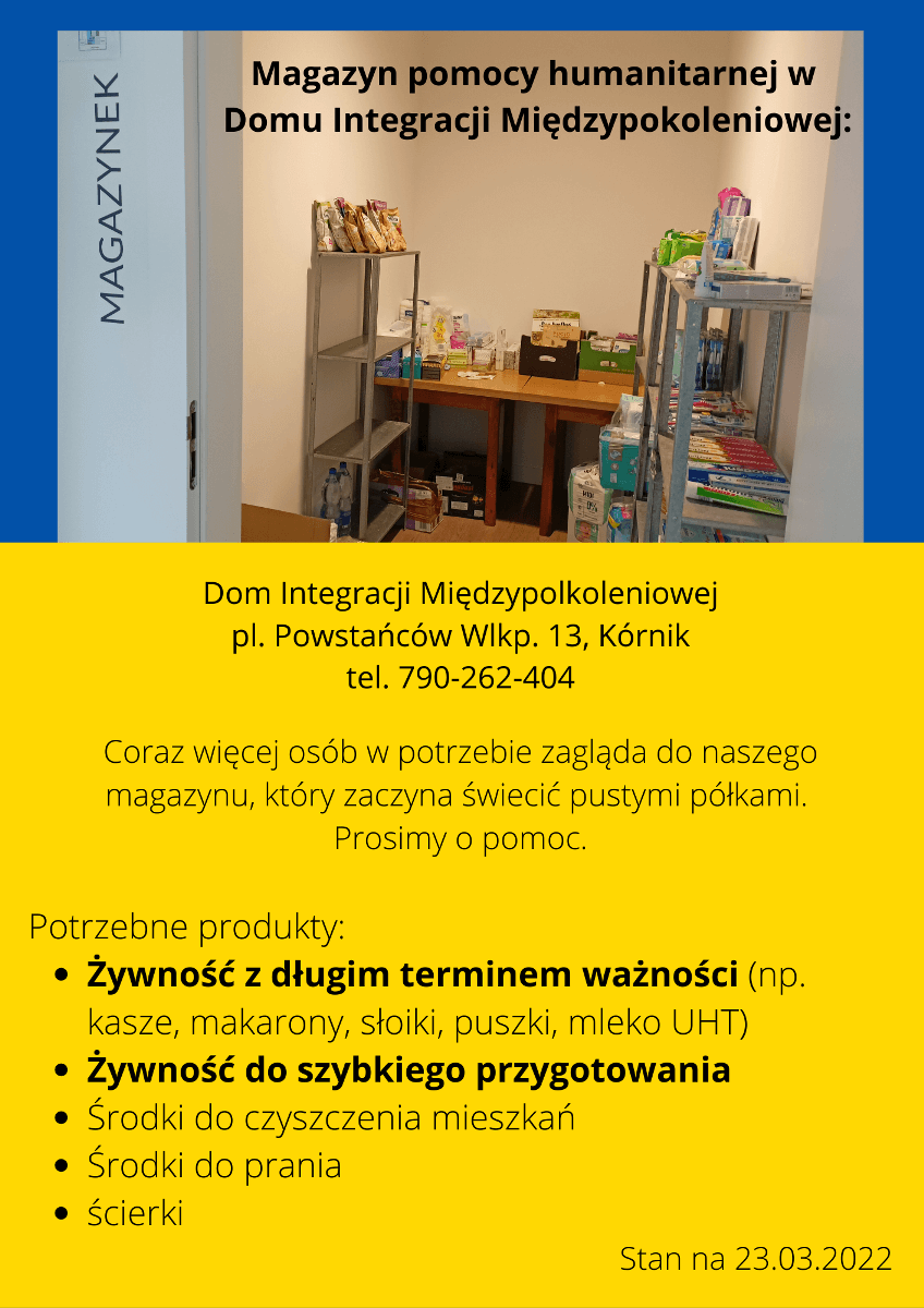 Magazyn pomocy humanitarnej Dom Integracji Międzypokoleniowej