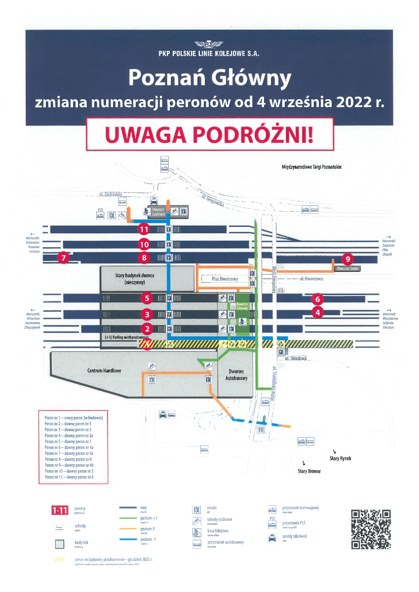 Grafika informacyjna o zmianie numeracji peronów na Dworcu Głównym w Poznaniu