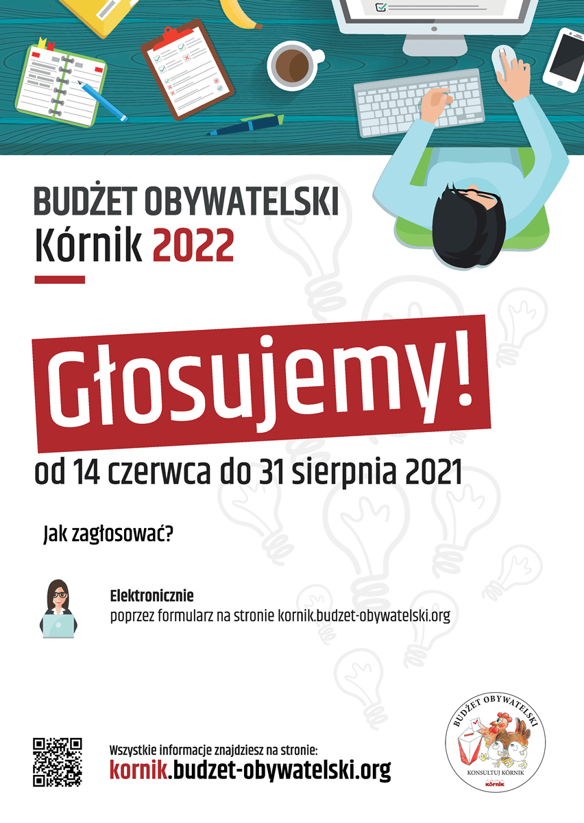 Plakat informujący o głosowaniu na zadania w Budżecie Obywatelskim Gminy Kórnik