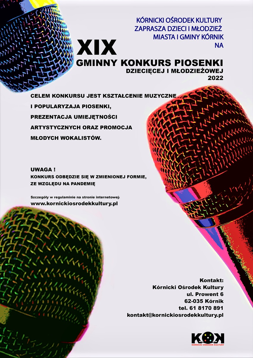 Plakat promocyjny konkursu piosenki młodzieżowej Kórnik 2022