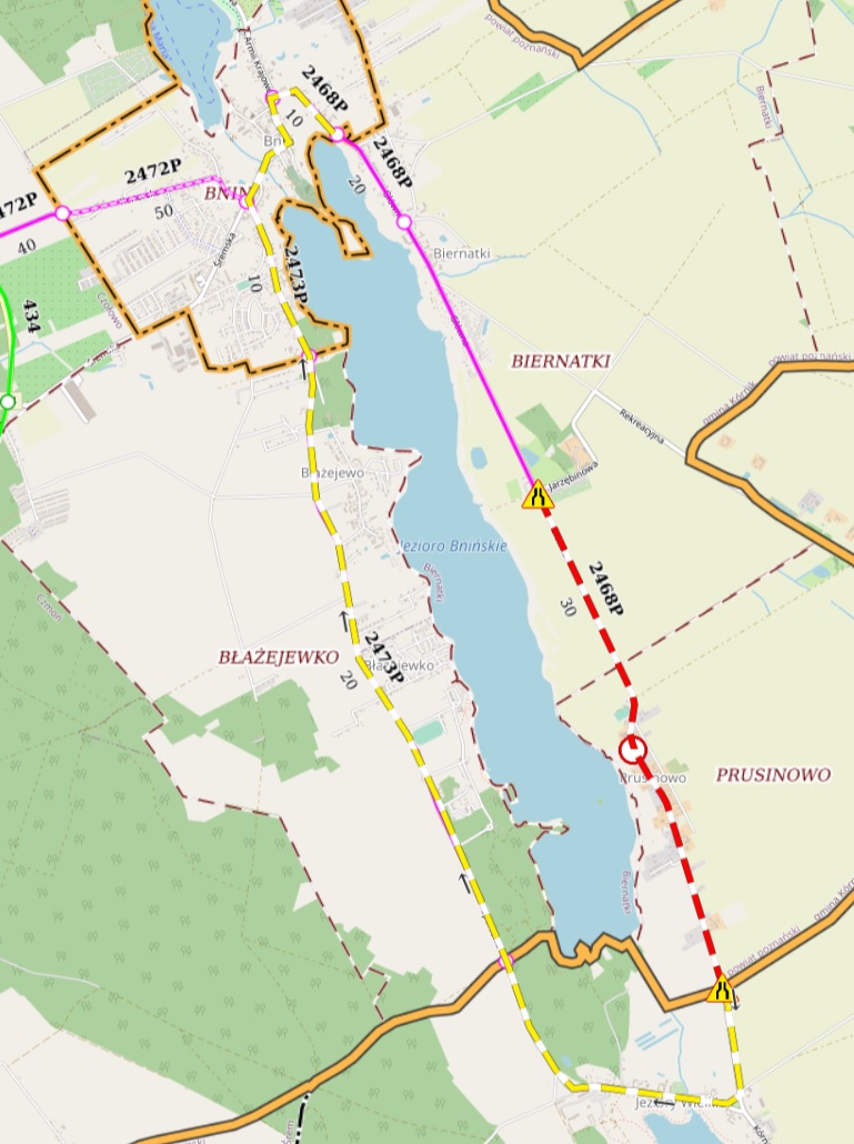 Mapa objazdu - Prusinowo remont drogi