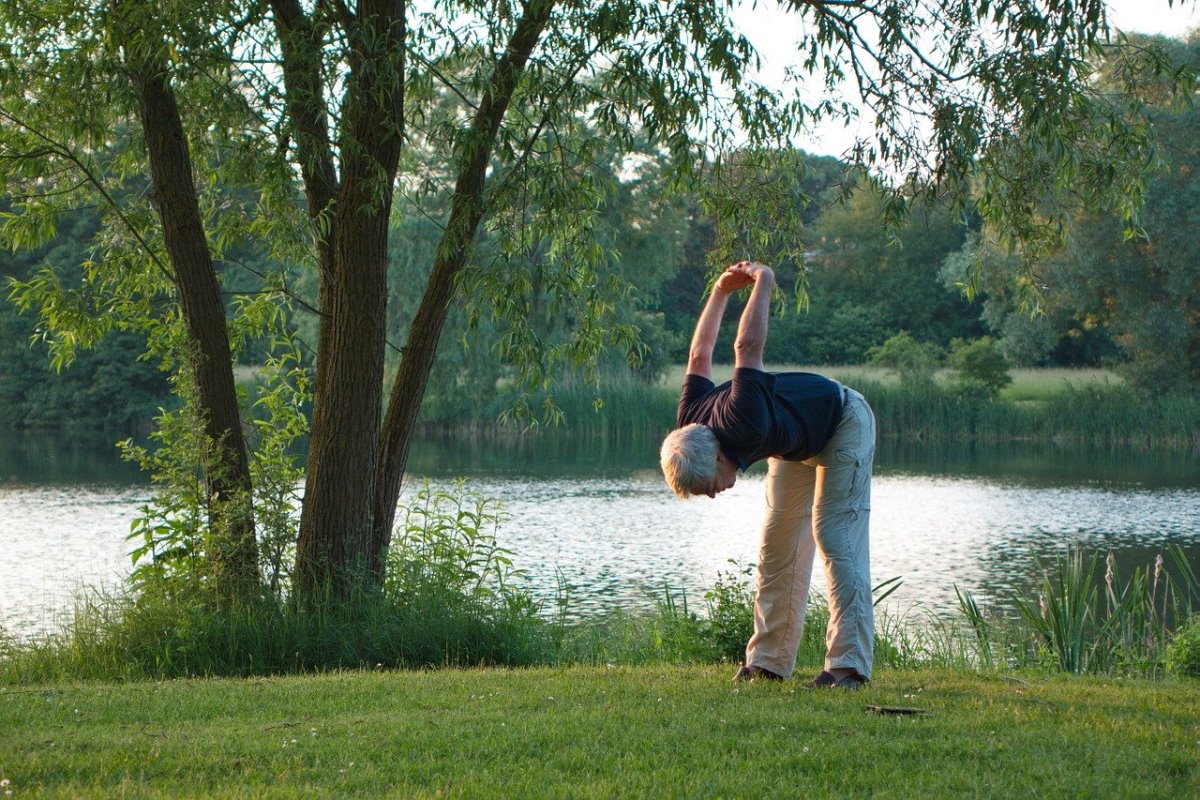 Starszy mężczyzna w parku uprawia gimnastykę