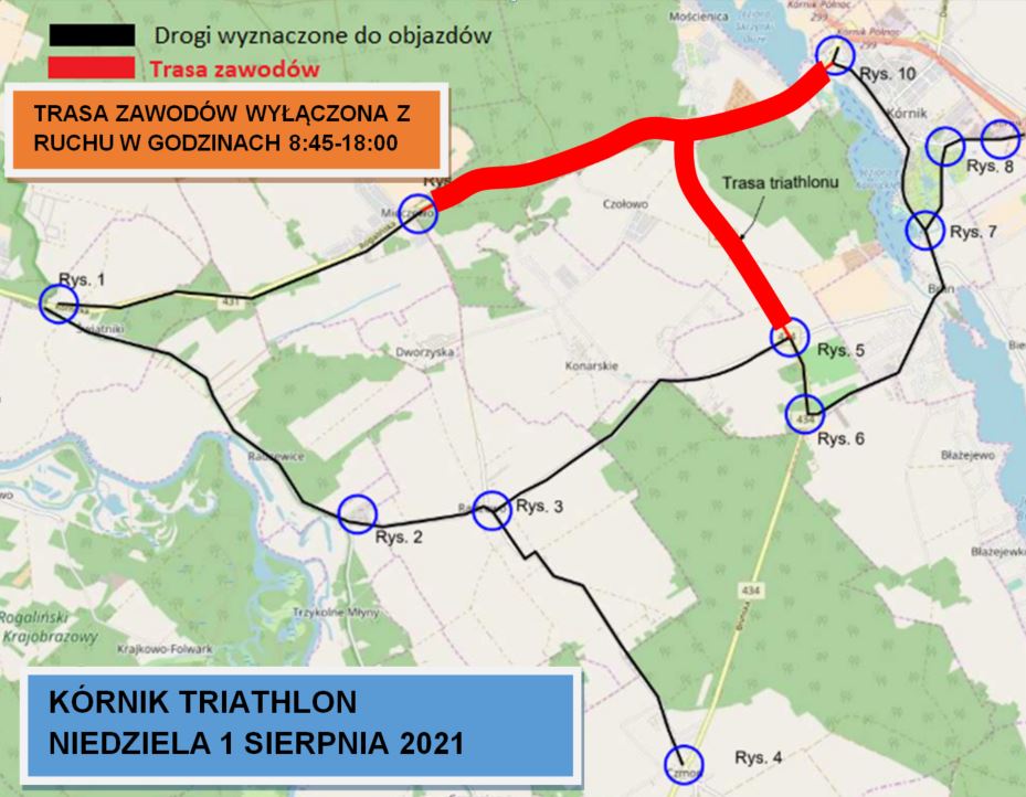 Mapa objazdów w dniu 1 sierpnia 2021 r. w związku z Triathlonem