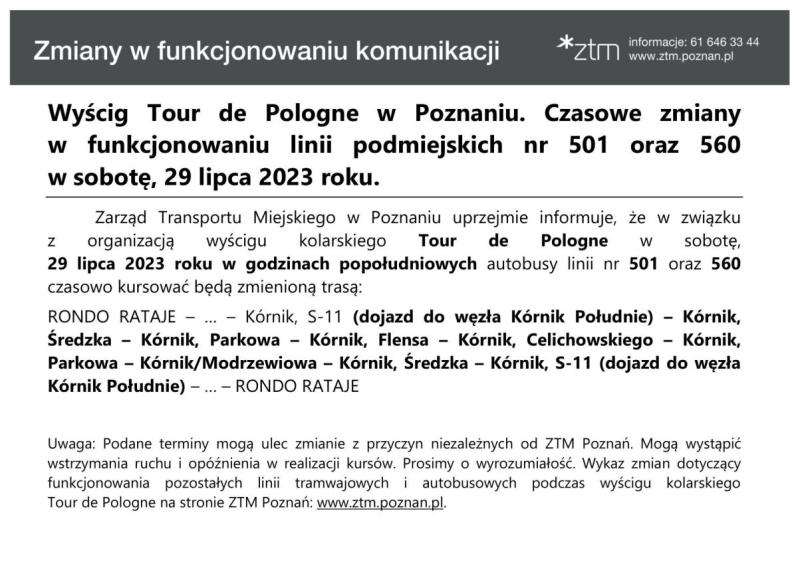 Informacja o czasowej zmianie funkcjonowania linii autobusowej nr 501 i 560 w dniu 29.07.2023 r.