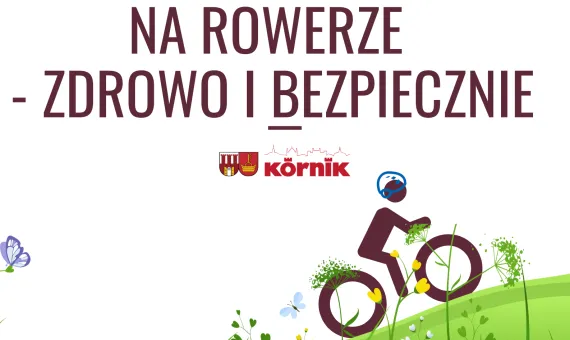 Plakat konkursu plastycznego "Na rowerze - zdrowo i bezpiecznie" - rowerzysta z kaskiem jeżdżący po łące.