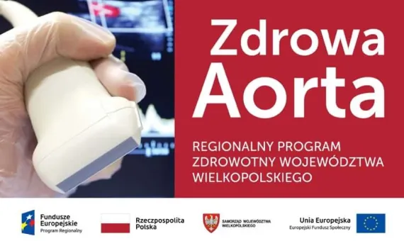 Plakat Zdrowa Aorta. W ręce trzymany jest przyrząd do robienia usg.