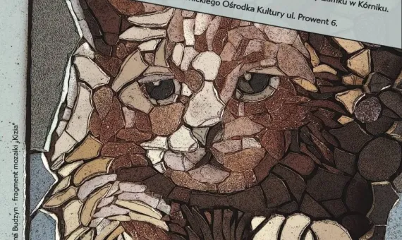 Fragment mozaiki Kizia autorstwa Justyny Budzyn - kot stworzony z wielu szybek w najróżniejszych odcieniach brązu