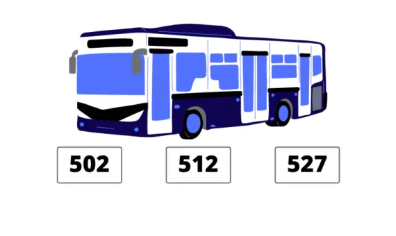 Autobus, tabliczki linii 502, 512, 521