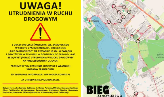 Ulotka informacyjna - Utrudnienia w ruchu drogowym - Bieg Zamoyskiego