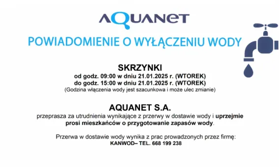 Komunikat o wyłączeniu wody