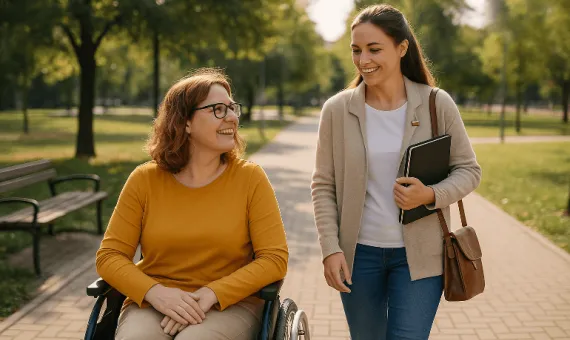 Kobieta spacerująca obok kobiety na wózku inwalidzkim przez park