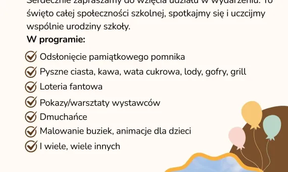 Plakat promujący piknik z okazji 10 urodzin Szkoły Podstawowej im. Sprawiedliwych wśród Narodów Świata w Kamionkach