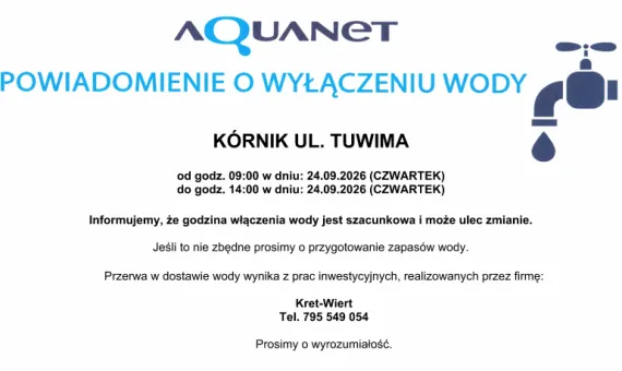Informacja o wyłączeniu wody w Kórniku