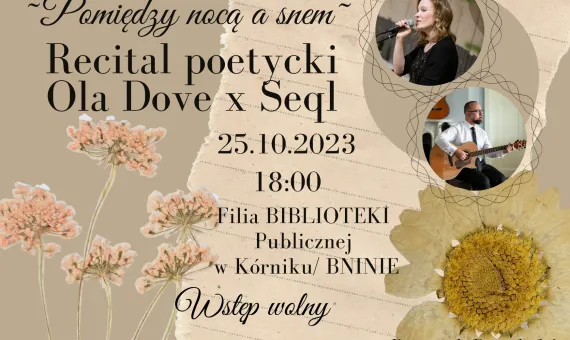 Plakat informacyjny o recitalu poetyckim w bibliotece w Bninie