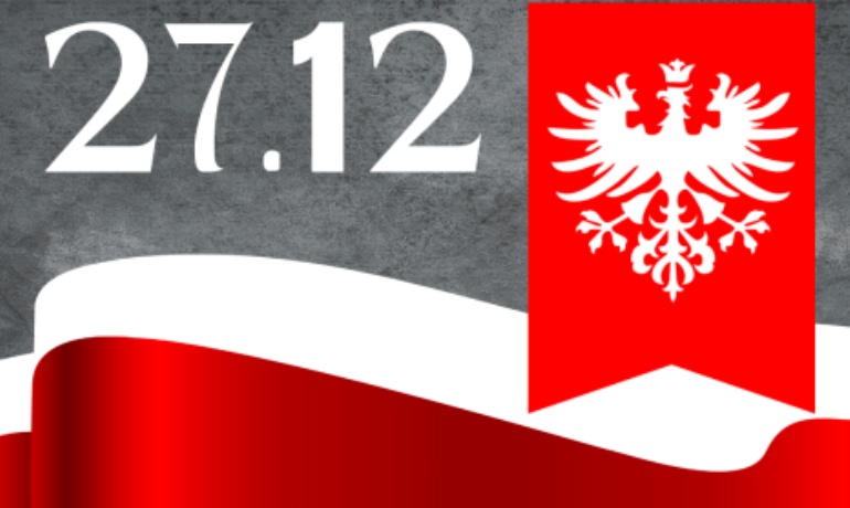 Baner z datą 27.12, herbem Powstania Wielkopolskiego i flagą Polski