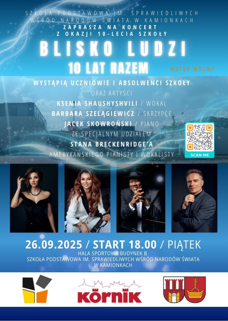 Plakat promujący koncert z okazji 10-lecia Szkoły Podstawowej im. Sprawiedliwych wśród Narodów Świata w Kamionkach