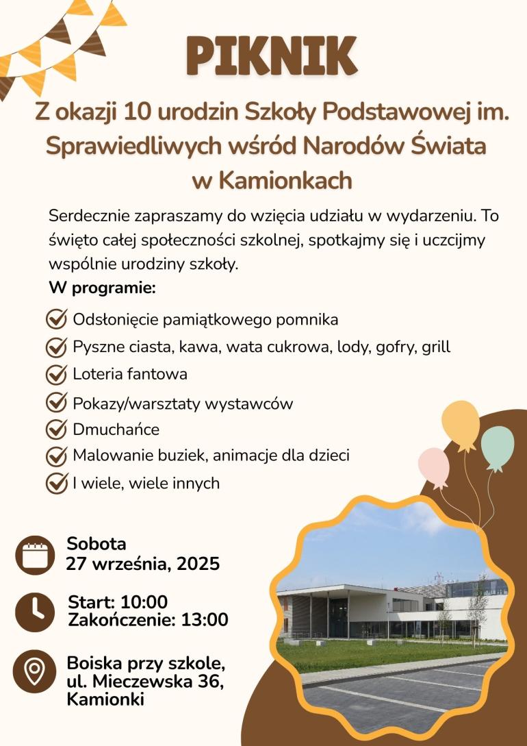 Plakat promujący piknik z okazji 10 urodzin Szkoły Podstawowej im. Sprawiedliwych wśród Narodów Świata w Kamionkach