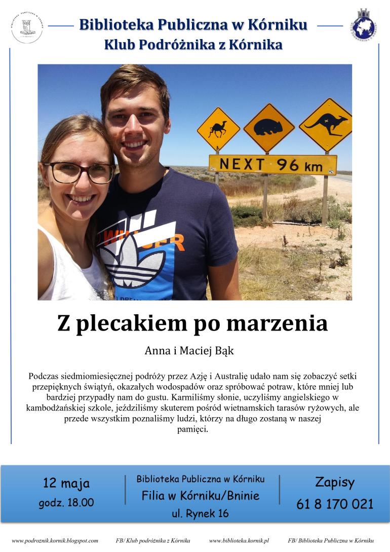 Plakat promocyjny spotkania podróżniczego pt. Z plecakiem po marzenia