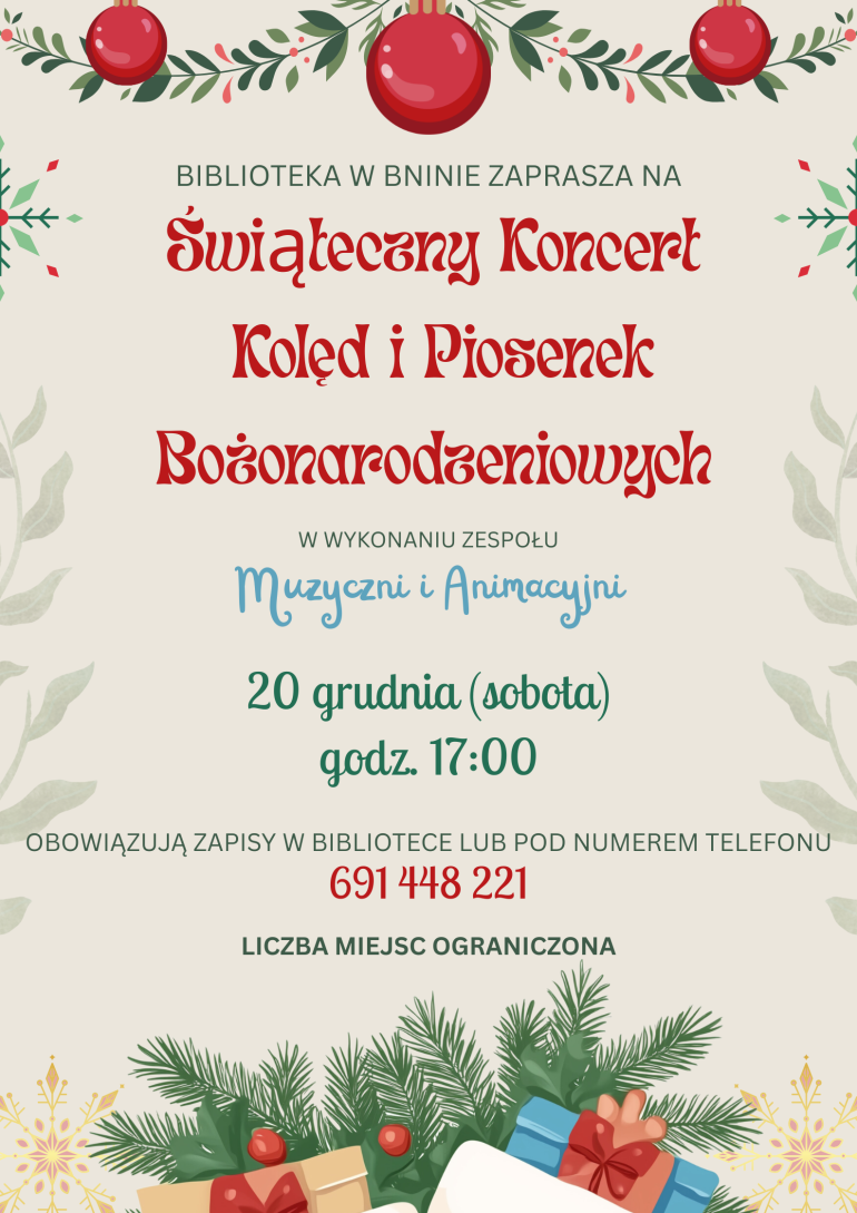 Plakat informujący o koncercie w bibliotece w Bninie