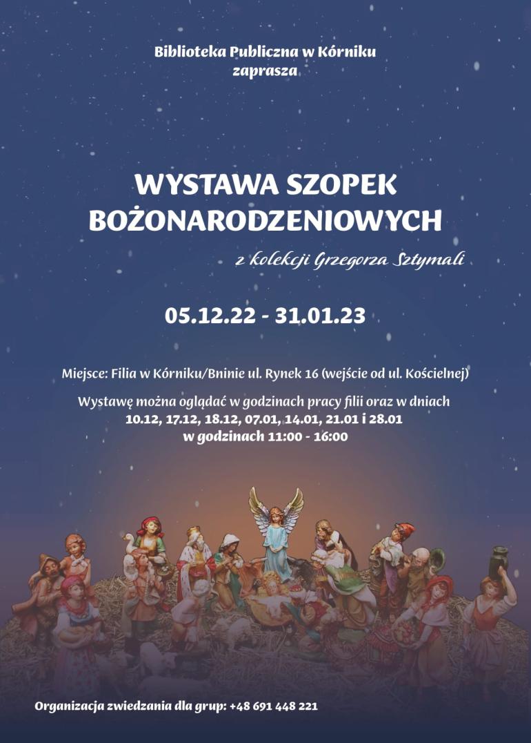 Plakat promocyjny wystawy szopek bożonarodzeniowych w filii Biblioteki Publicznej w Kórniku