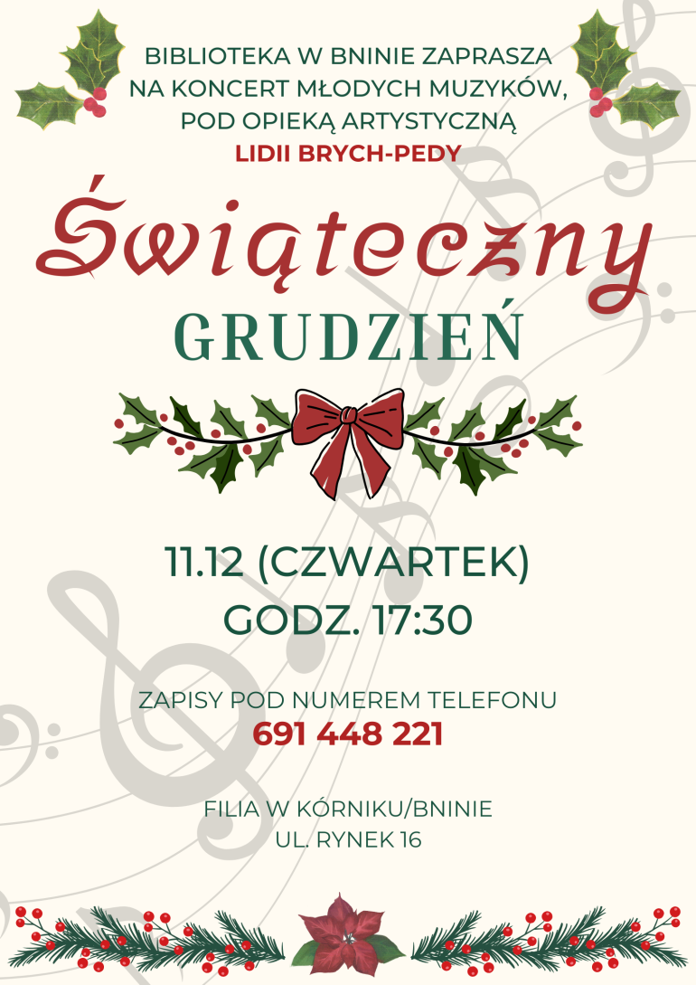 Plakat informujący o koncercie w bibliotece w Bninie