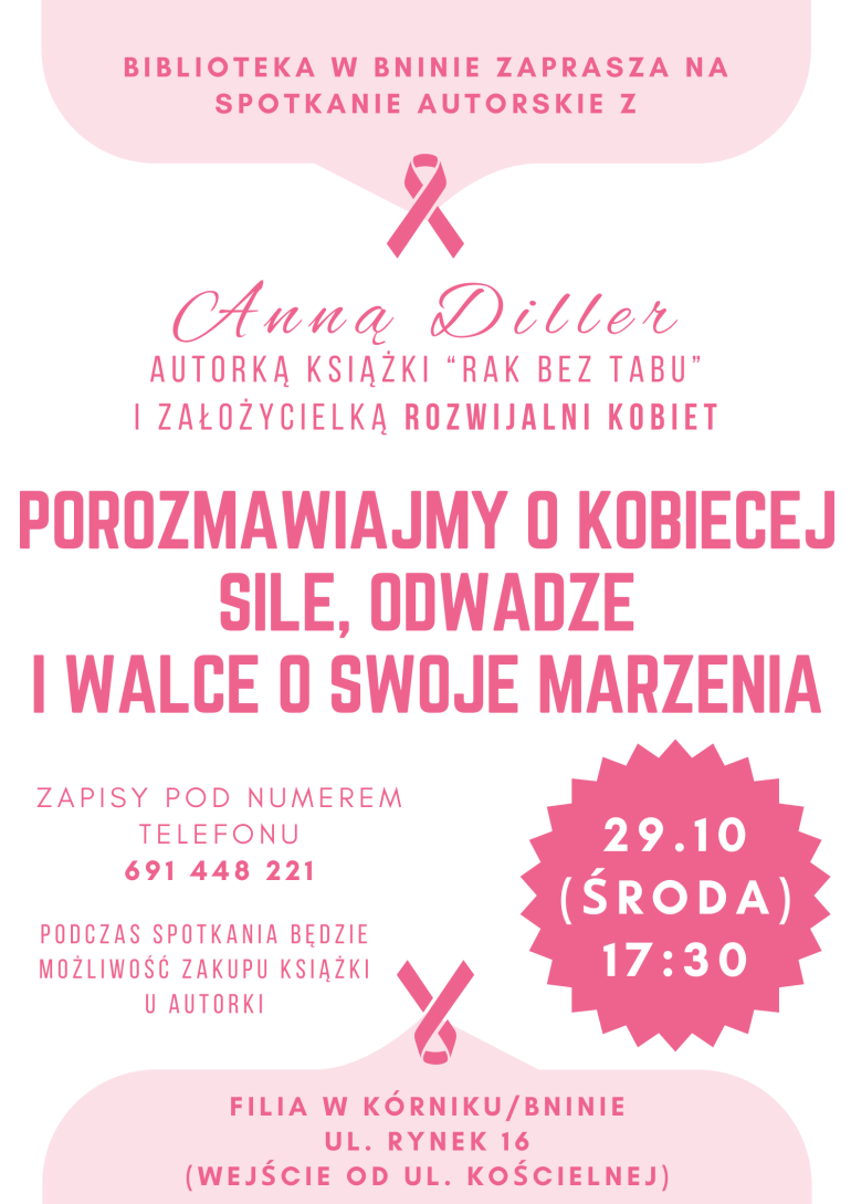 Plakat informacyjny spotkania autorskiego w bibliotece w Bninie