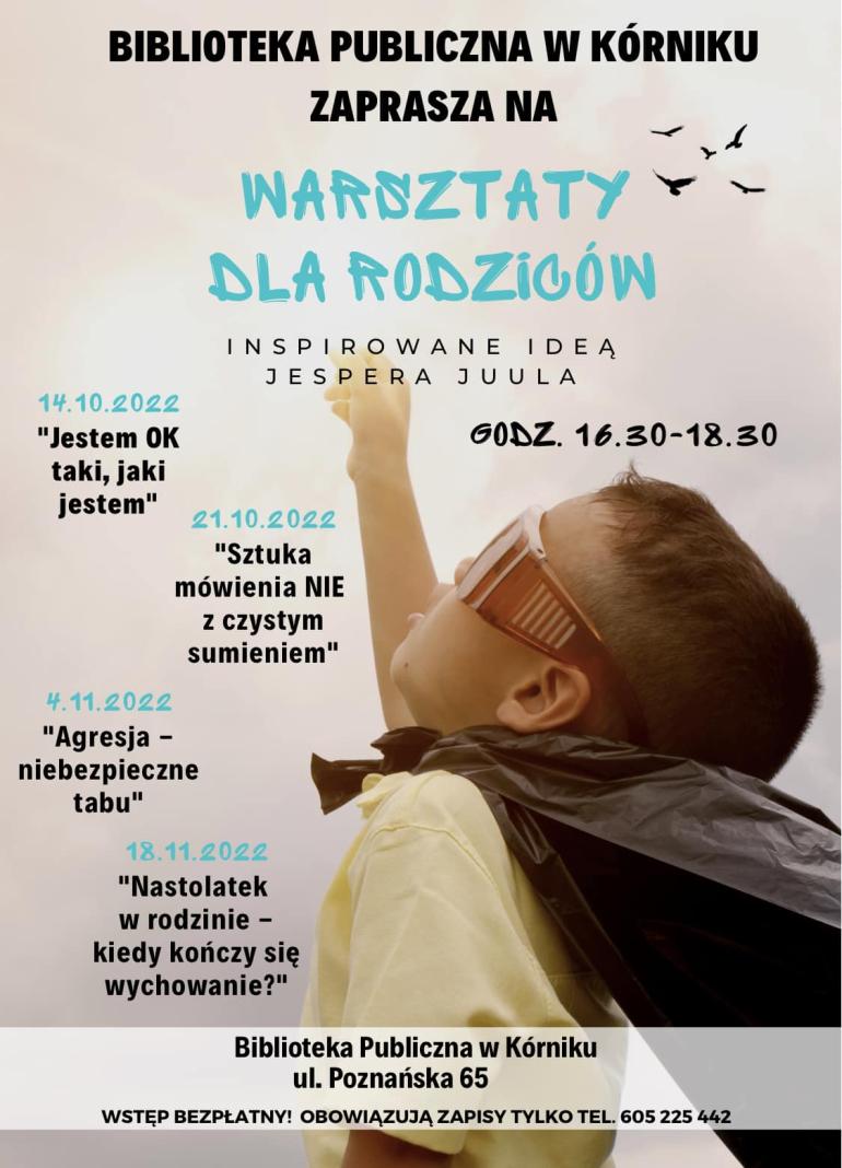 Plakat informujący o warsztatach dla rodziców w Bibliotece Publicznej w Kórniku.