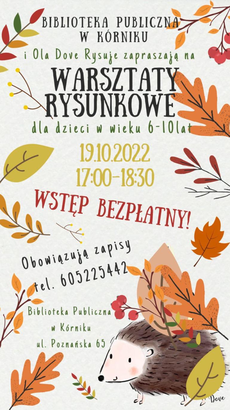 Plakat informujący o warsztatach rysunkowych dla dzieci w Bibliotece Publicznej w Kórniku.