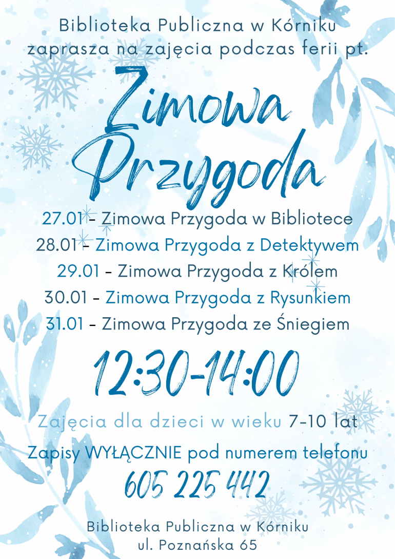 Plakat promujący zajęcia w Bibliotece Publicznej w Kórniku