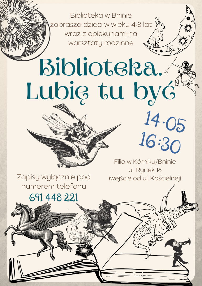 Plakat warsztatów dla dzieci i rodziców w bibliotece w Bninie