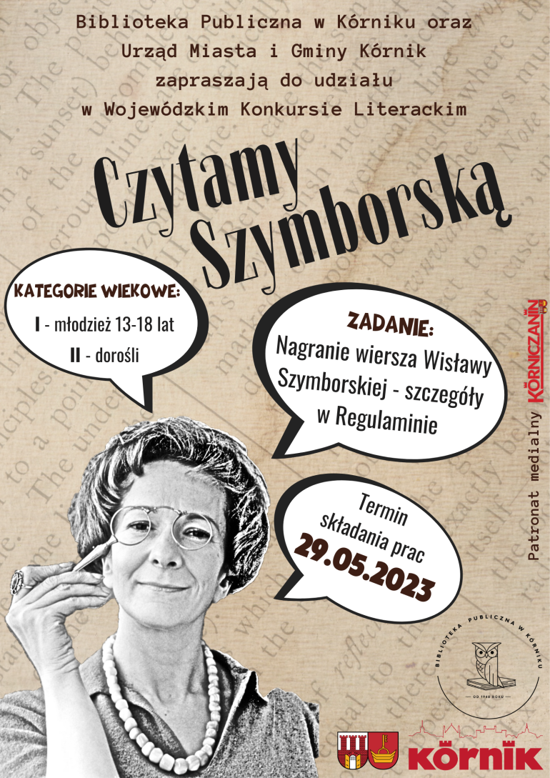 Plakat informacyjny Wojewódzkiego Konkursu Literackiego "Czytamy Szymborską"