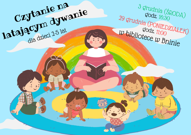plakat informujący o czytaniu dla najmłodszych w bibliotece w Bninie