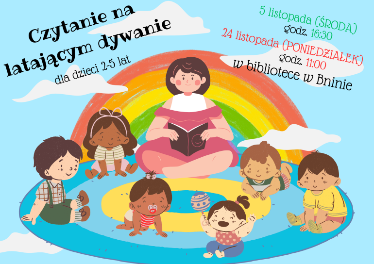 plakat informujący o czytaniu dla najmłodszych w bibliotece w Bninie
