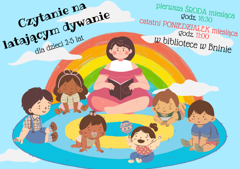 plakat informujący o czytaniu dla najmłodszych w bibliotece w Bninie
