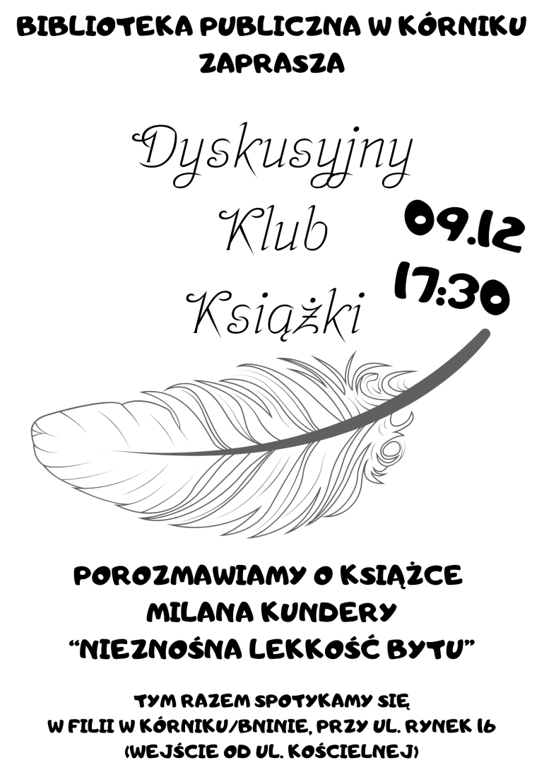 Plakat informacyjny Dyskusyjnego Klubu Książki w Bibliotece w Kórniku