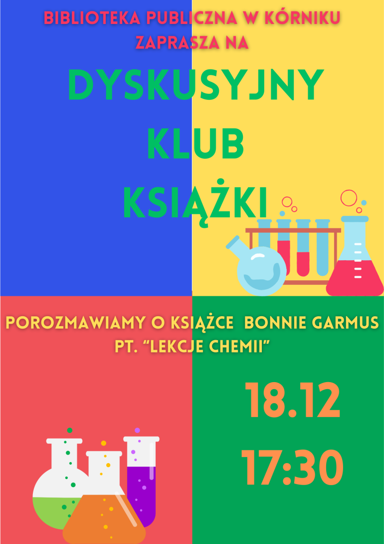 Plakat informacyjny Dyskusyjnego Klubu Książki w Bibliotece w Kórniku