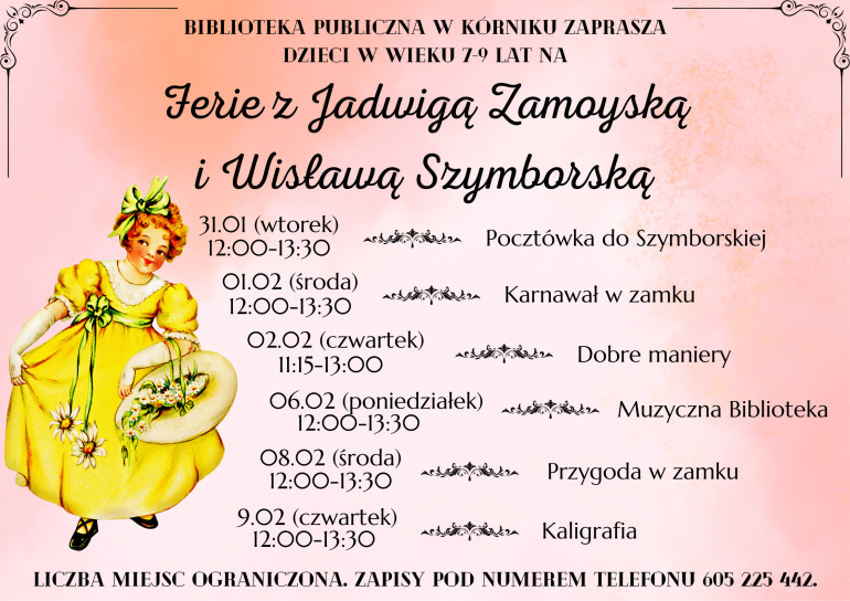 Plakat informacyjny o zajęciach w Bibliotece Publicznej w Kórniku w czasie ferii