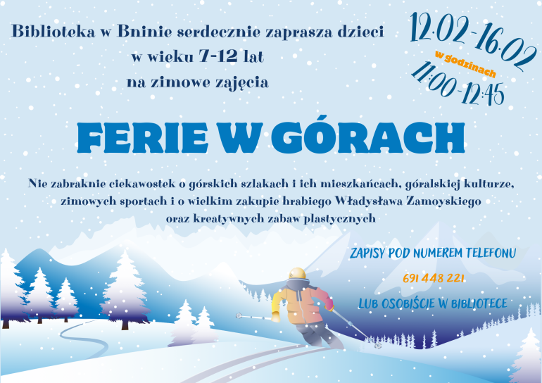 plakat informacyjny zajęć dla dzieci w bibliotece w Bninie