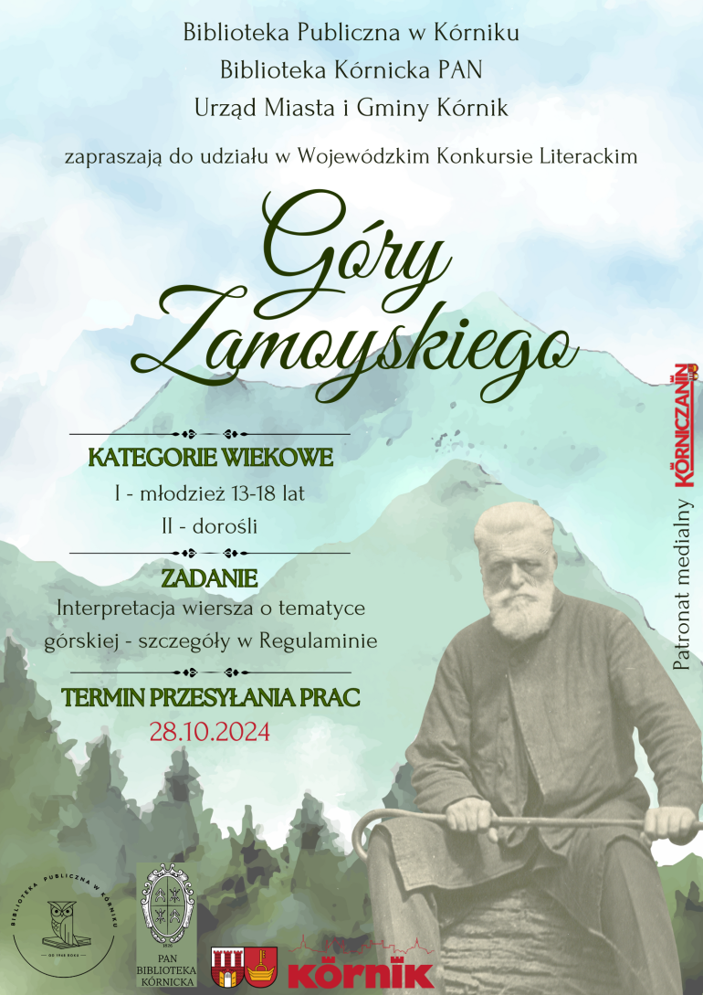 Plakat informacyjny Wojewódzkiego Konkursu Literackiego "Góry Zamoyskiego"