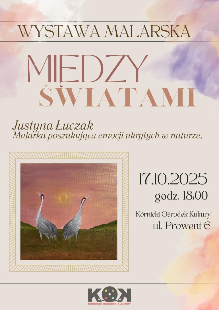 Na kolorowym tle umieszczone litery oraz fragment obrazu z czaplami