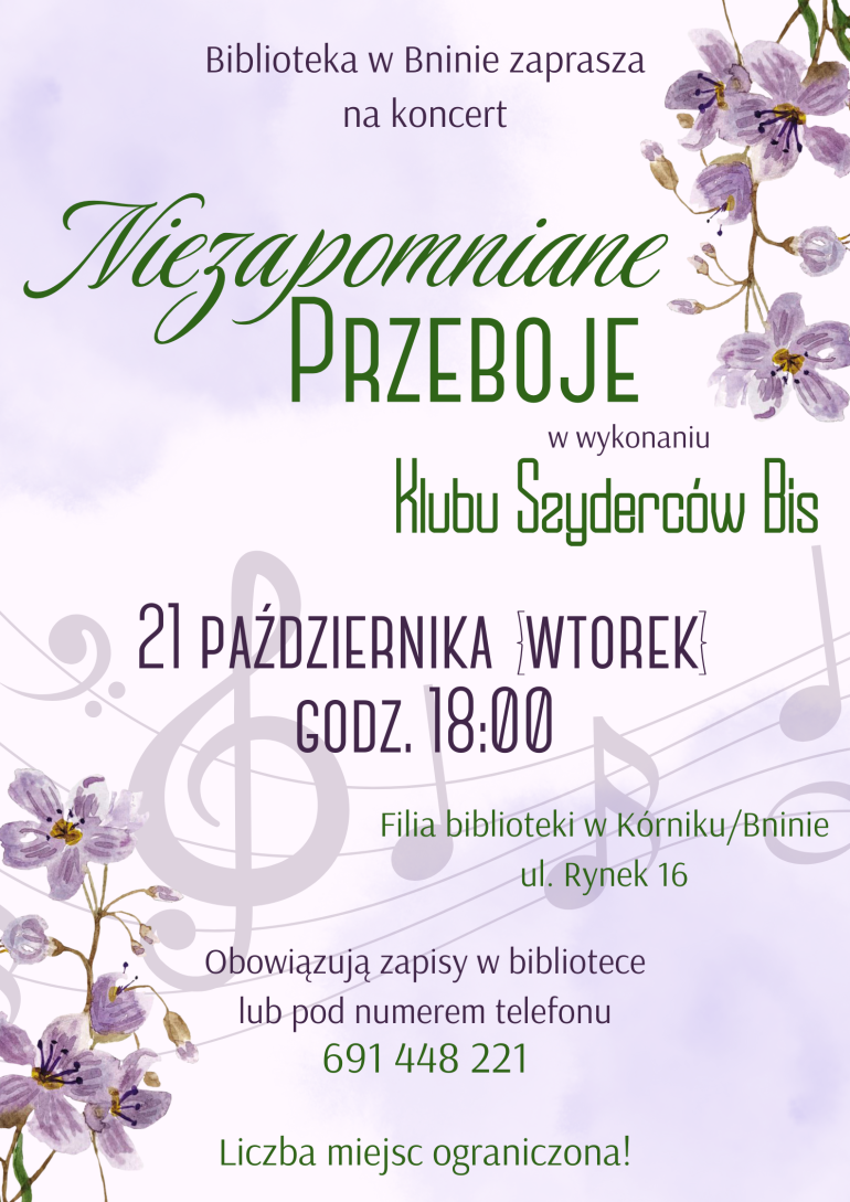Plakat informujący o koncercie w bibliotece w Bninie